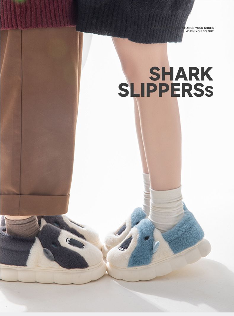 立體造型毛絨暖暖包跟室內拖鞋-鯊魚-深灰色