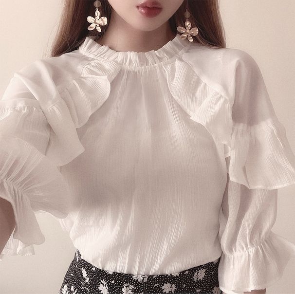 日本 GRL - 浪漫公主荷葉滾邊上衣-優雅黑 (F)