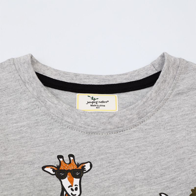Jumping meters - 圓領棉質長袖上衣-犀牛與長頸鹿-灰色