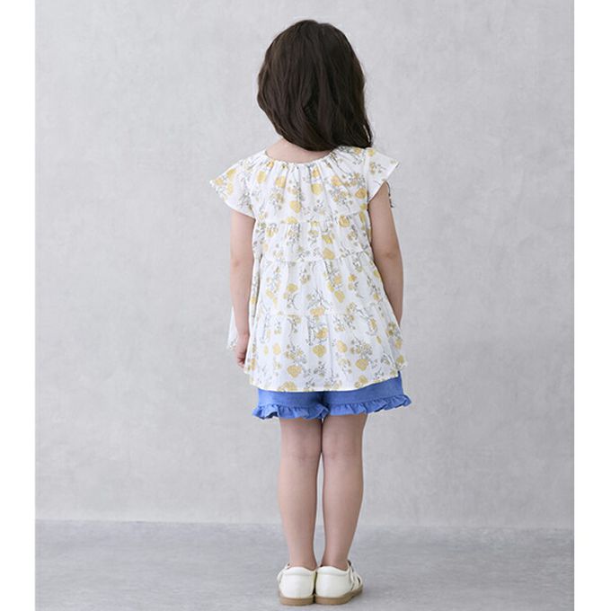 日本 petit main - 可愛荷葉邊短褲-小碎花-卡其棕