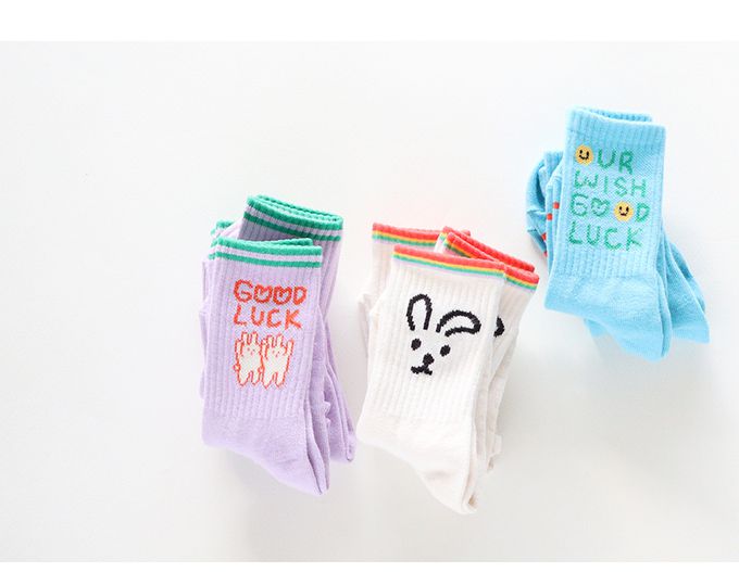 韓國 Kokacharm - 兒童中長襪/襪子三入組-LUCK兔兔-白X藍X紫