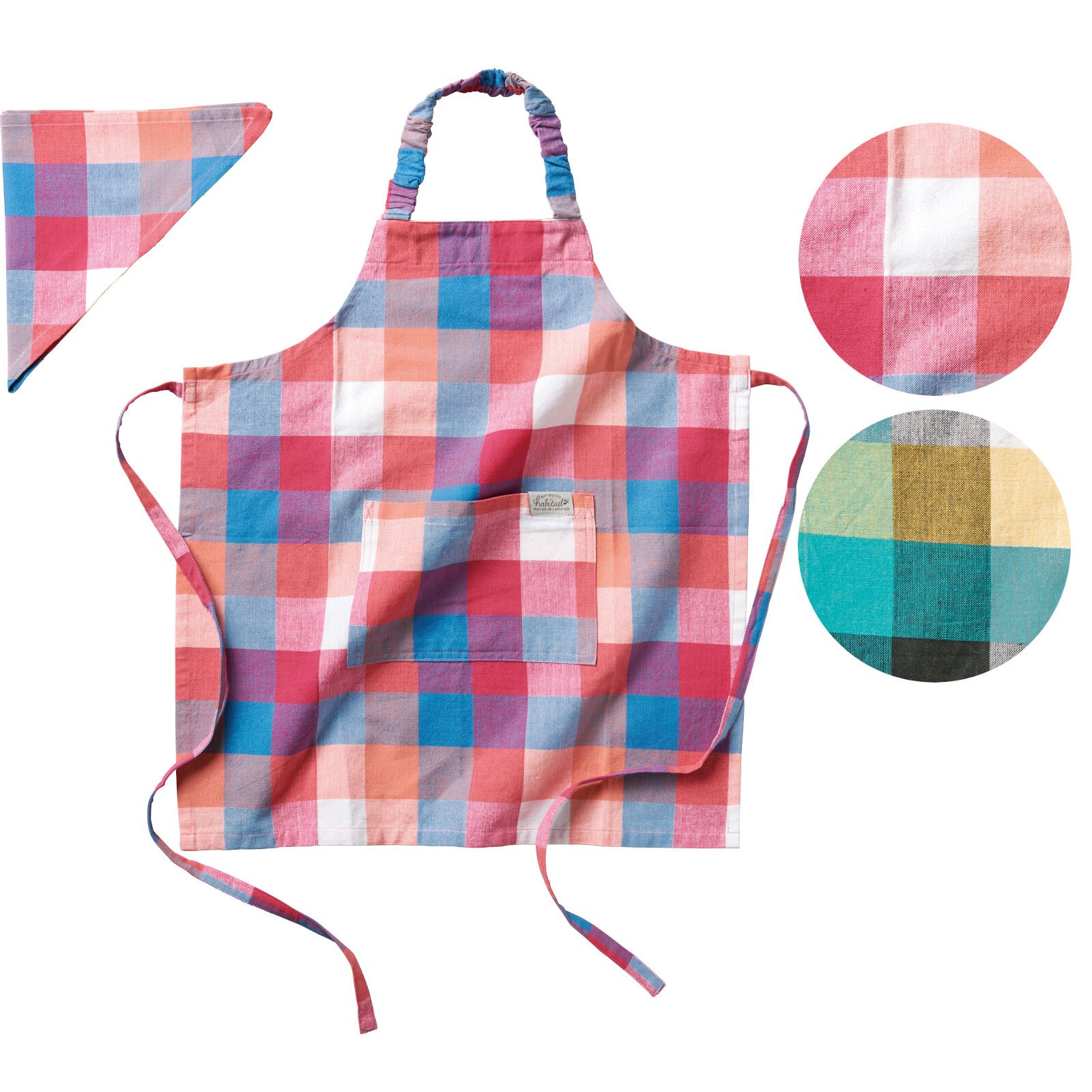 日本代購 - 印度棉兒童料理圍裙+頭巾兩件組-經典格紋-綠 (100cm~)