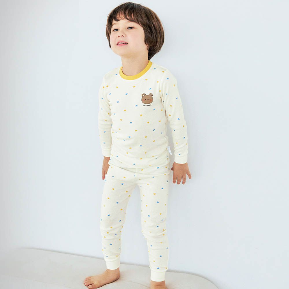 細緻柔棉彈性長袖家居服-愛心熊-米