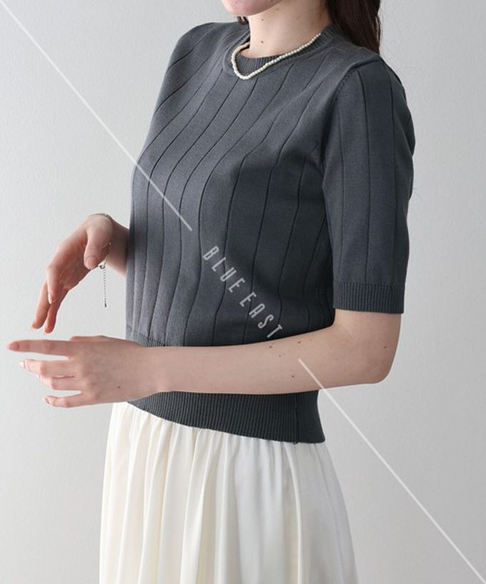 日本 BLUE EAST - 羅紋彈性薄針織五分袖上衣-薄荷綠