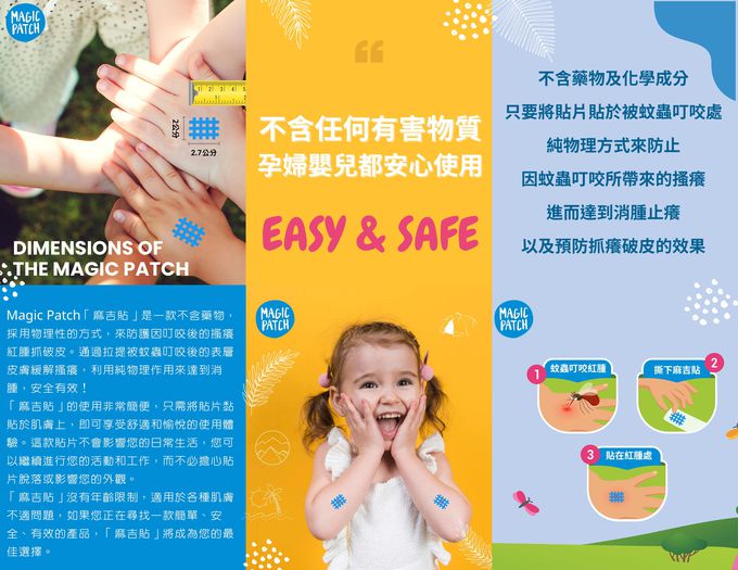 Magic Patch「麻吉貼」是一款不含藥物， 採用物理性的方式，來防護因叮咬後的搔癢紅腫抓破皮。通過拉提被蚊蟲叮咬後的表層皮膚緩解搔癢，利用純物理作用來達到消腫，安全有效！  「麻吉貼」的使用非常簡便，只需將貼片黏貼於肌膚上，即可享受舒適和愉悅的使用體驗。這款貼片不會影響您的日常生活，您可以繼續進行您的活動和工作，而不必擔心貼片脫落或影響您的外觀。  「麻吉貼」沒有年齡限制，適用於各種肌膚不適問題，如果您正在尋找一款簡單、安全、有效的產品，「麻吉貼」將成為您的最佳選擇。  不含藥物及化學成分  只要將貼片貼於被蚊蟲叮咬處  純物理方式來防止  因蚊蟲叮咬所帶來的搔癢  進而達到消腫止癢  以及預防抓癢破皮的效果  1 蚊蟲叮咬紅腫  2 撕下麻吉貼  3.貼在紅腫處    中文品名：”麻吉貼” 醫療用黏性膠帶及黏性繃帶(未滅菌) 規格：27貼/盒  英文品名：”MagicPatch” Medical adhesive tape and adhesive bandage(Non-Sterile)  第一等級醫療器材許可：衛部醫器輸壹字第023161號  醫療器材商名稱：雨禹有限公司  統一編號：83145214  電話：02-82301790  醫療器材商地址：台北市文山區興隆路三段331號1樓  製造業者名稱及地址：The Natural Patch Co.(9450 SW Gemini Dr Beaverton Oregon 97008-7105, USA)