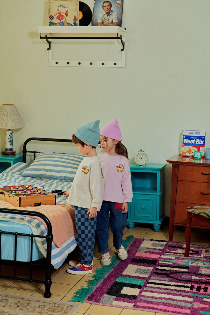 韓國 First Blue - 鴨舌帽笑臉印長袖上衣-灰綠