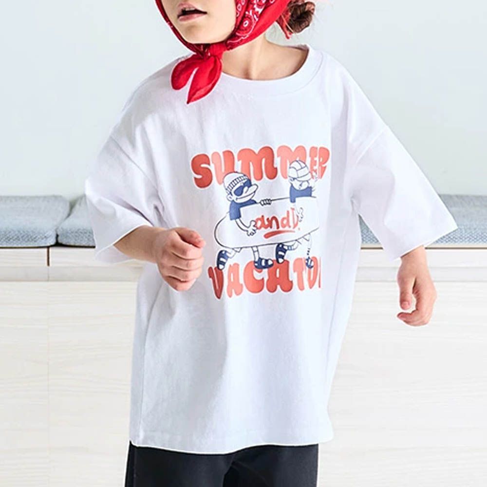 100%棉 夏季感印花短袖上衣-一起衝浪-白