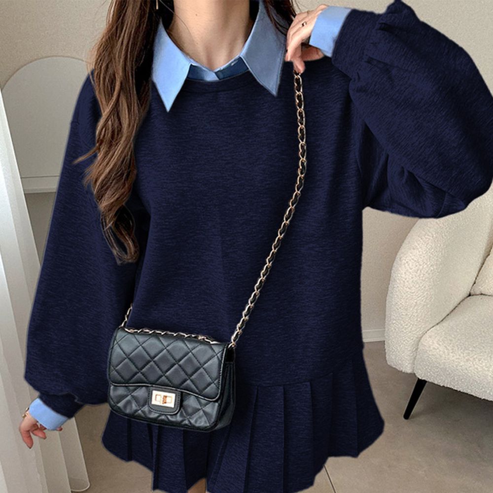 假二件襯衫領可愛百褶長袖洋裝-海軍藍 (F)