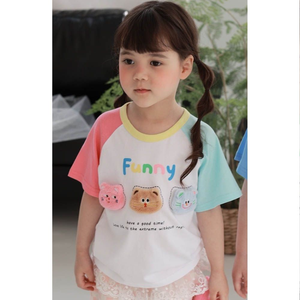 立體毛絨貓咪撞色短袖上衣-粉X水藍