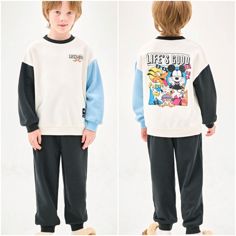 (聯名款)漫畫風卡通人物米奇內刷毛長袖套裝-米白X天藍X黑