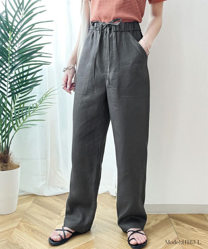 日本 Classical Elf - 100%亞麻透氣垂墜感抽繩寬褲-軍綠