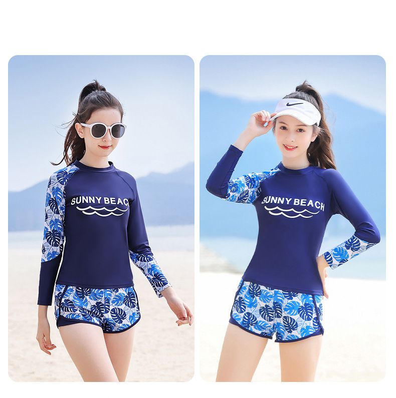 大童女孩運動風長袖泳衣套裝(二件組)-熱帶樹葉-藍色-泳衣、泳褲