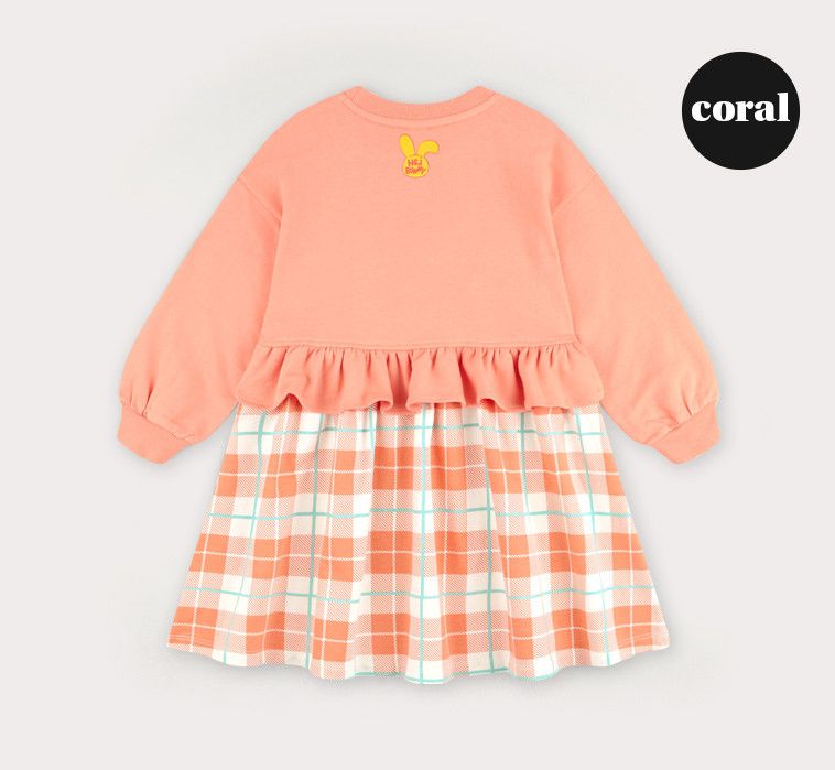 韓國 HEJMINI - 假兩件小黃兔格子洋裝