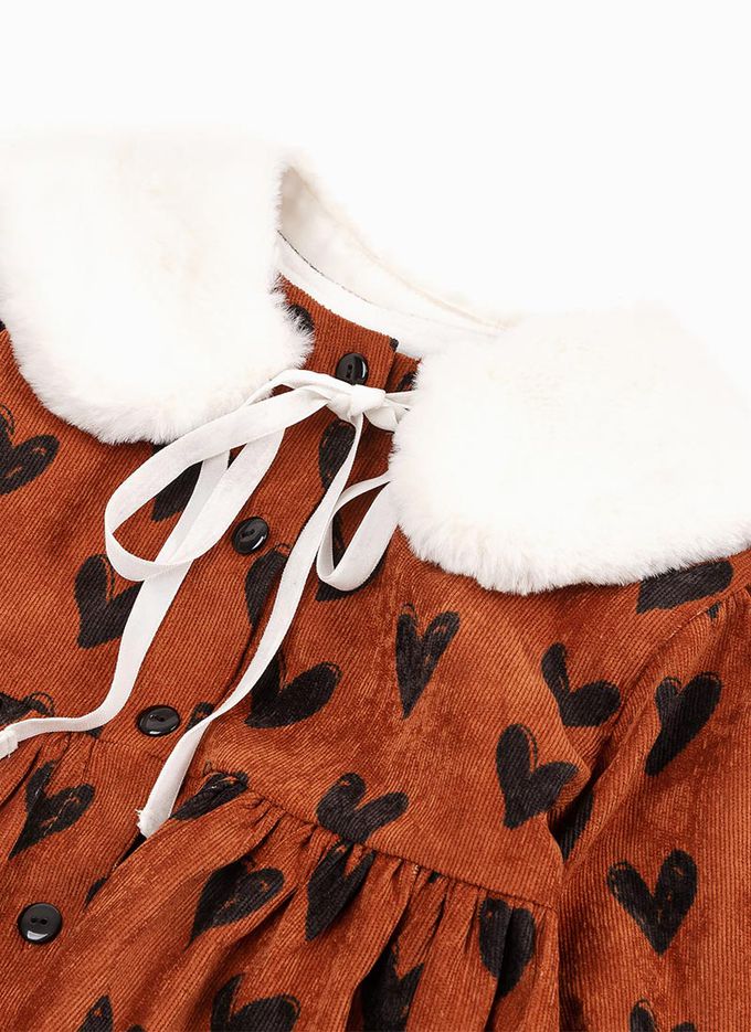 韓國 OZKIZ - (附圍領)排列愛心燈芯絨連身洋裝-棕紅