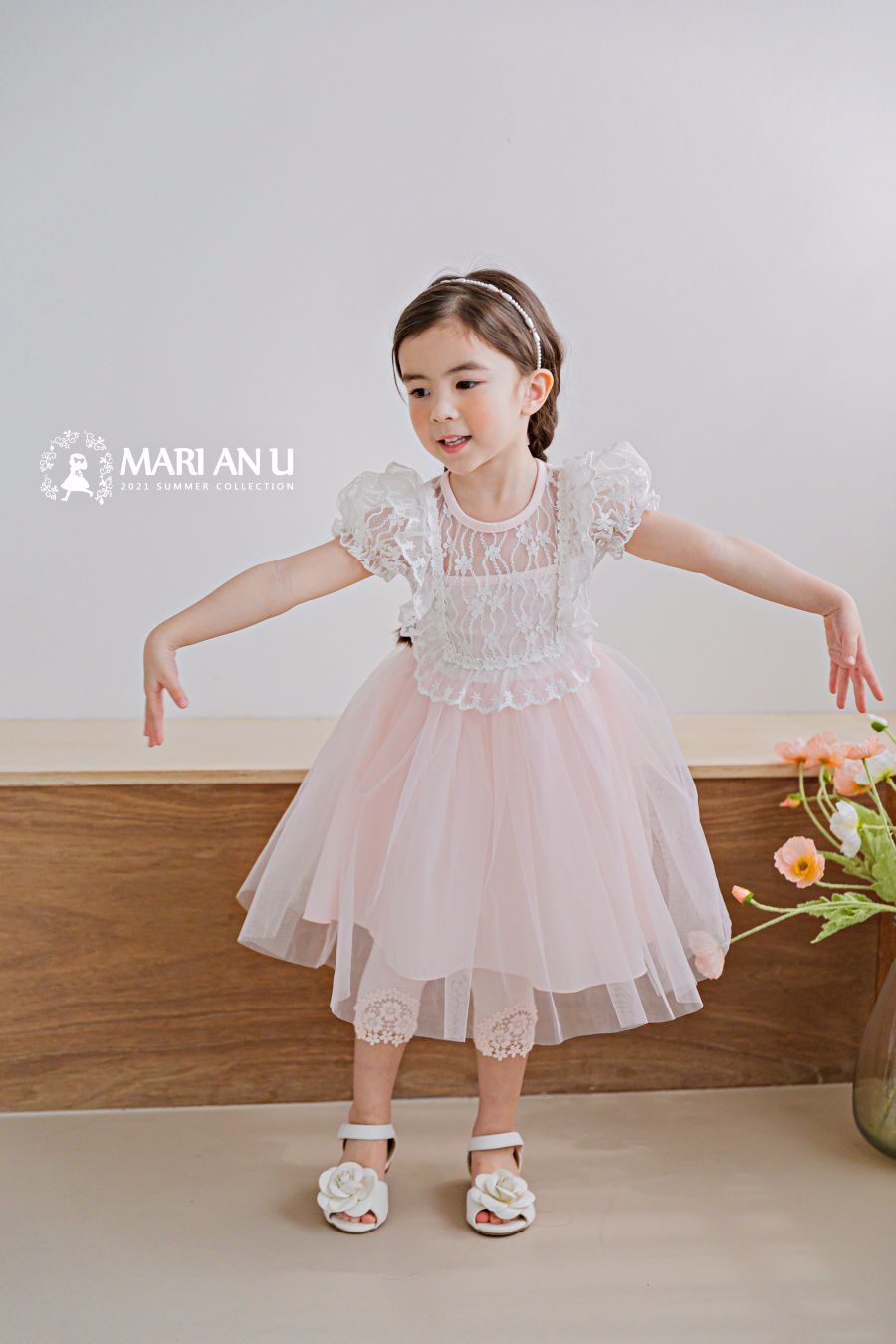 韓國 mari an u - 蕾絲透膚上衣拼接網紗洋裝-粉紅