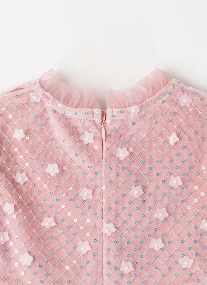 韓國 OZKIZ - 花朵亮片點綴網紗公主袖洋裝-粉