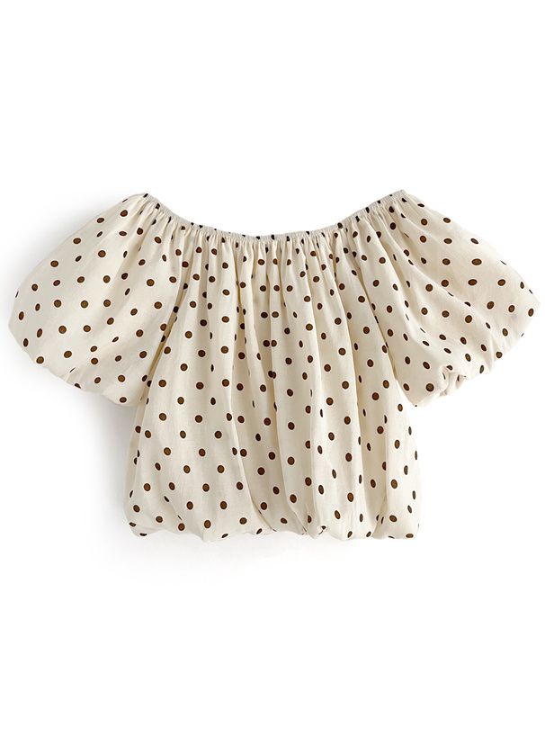 日本 GRL - 可愛泡泡袖點點短版上衣-淺米杏 (M)