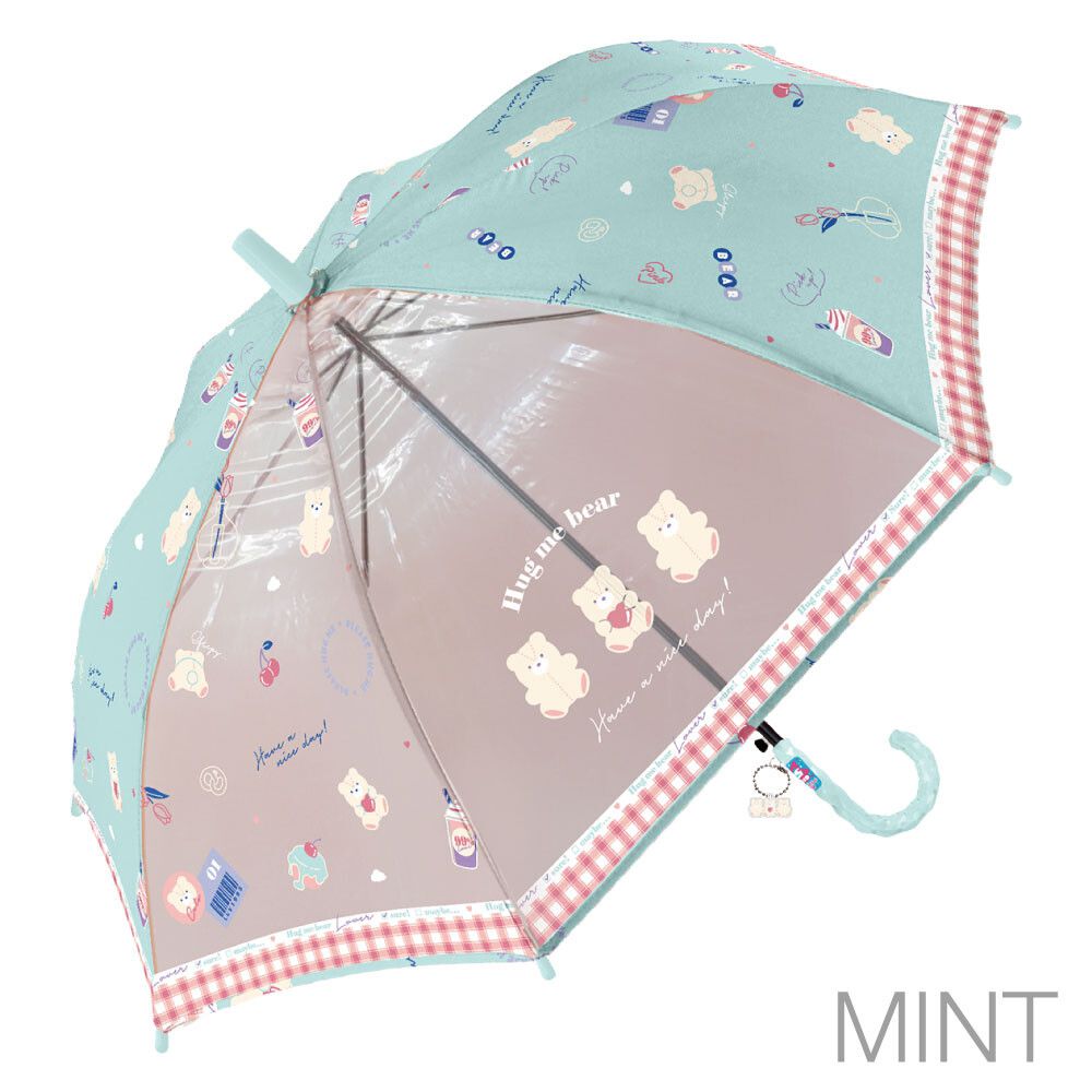 日本中谷 - 透明窗設計兒童雨傘/直傘-熊熊格紋-粉紅 (50cm(身高115-125cm))