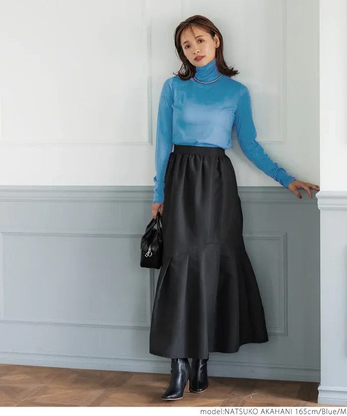 日本 COCA - 高領微透感長袖內搭/上衣-深藍