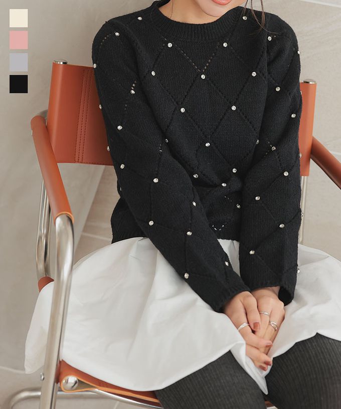 日本 Kobe Lettuce - 搶眼菱格紋珠飾點綴針織上衣-灰