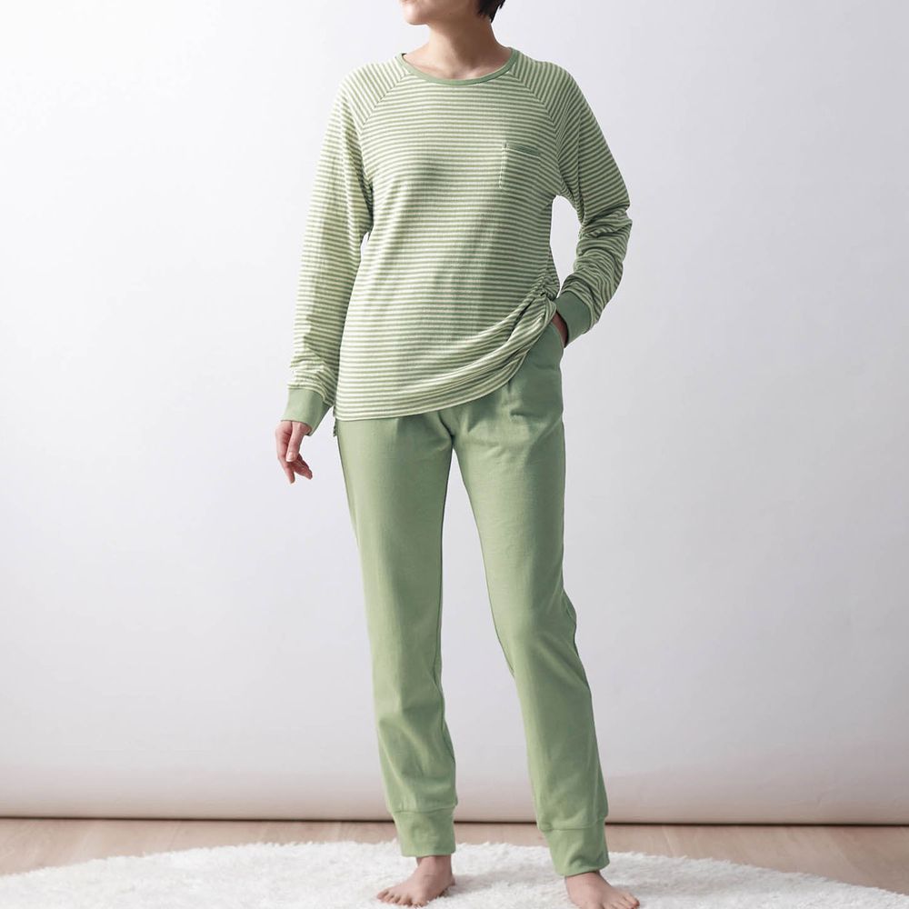 日本千趣會 - 100%棉 舒膚發熱家居服/睡衣-媽媽-條紋草綠