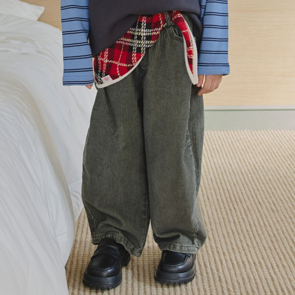 HIKIKI (內磨毛)鬆緊腰品牌標誌燈芯絨長褲-灰軍綠