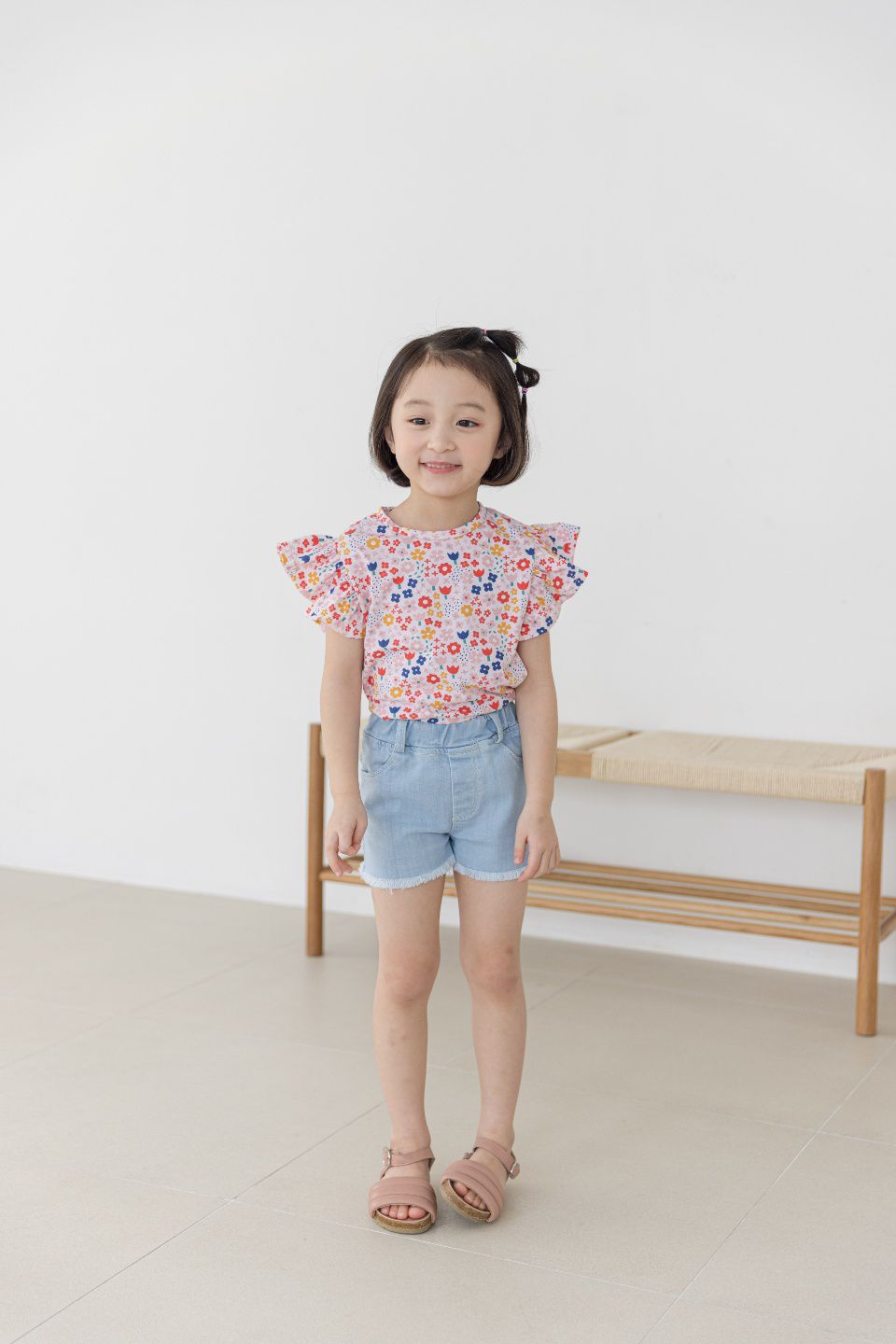 韓國 Orange Mom - 荷葉袖可愛花花上衣-粉紅