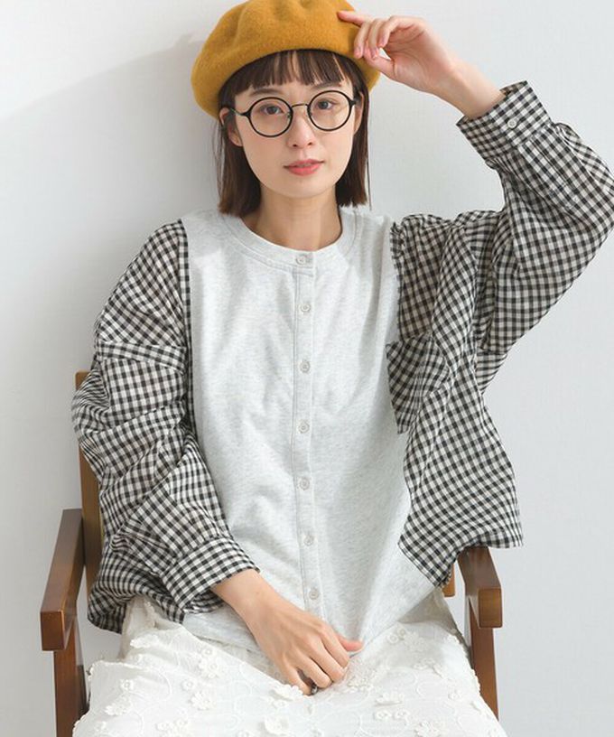 日本 Lupilien - 可愛格子拼接裏毛休閒襯衫-淺灰x紫