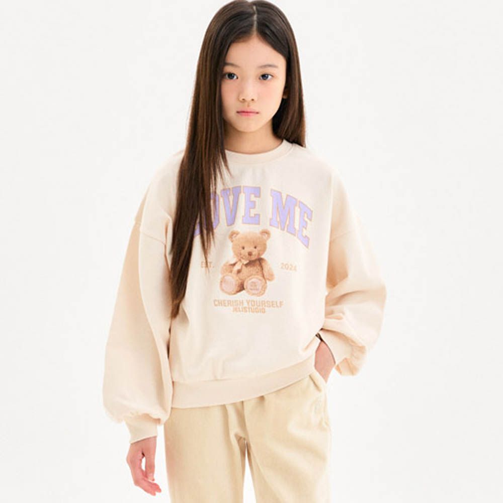 LOVE ME泰迪熊長袖大學T-奶油米