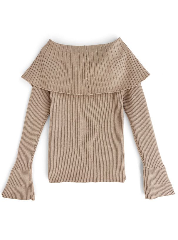 日本 GRL - 大翻領羅紋彈性薄針織上衣-奶茶 (F)