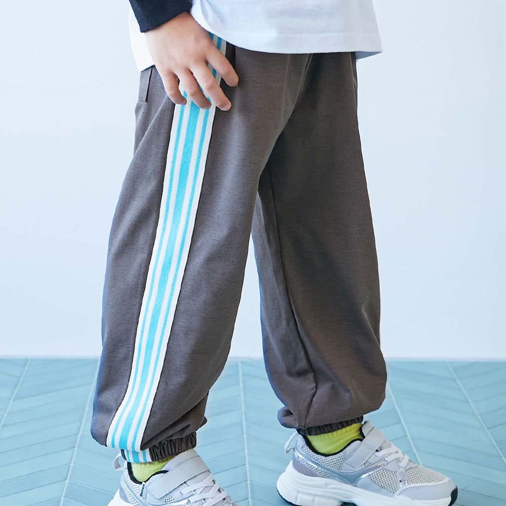 [快乾防皺] 運動風輕盈束口長褲-多線條-灰x水藍