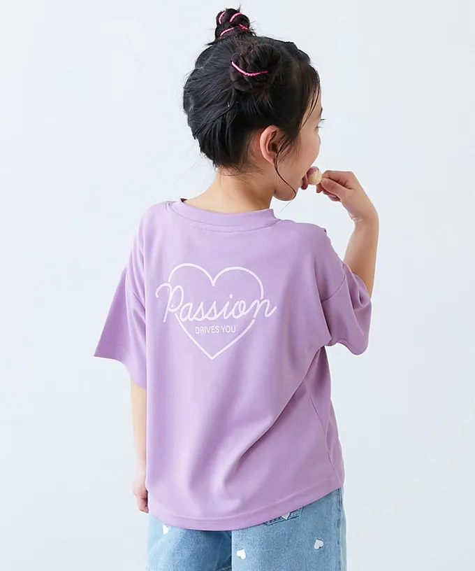 日本 devirock - 速乾網眼 女孩印花短袖上衣-背後英文logo-煙燻粉