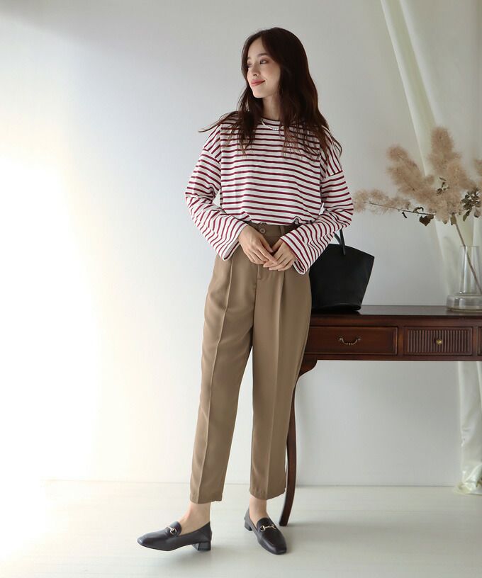 日本 BLUE EAST - 百搭落肩休閒長袖上衣-條紋-軍綠