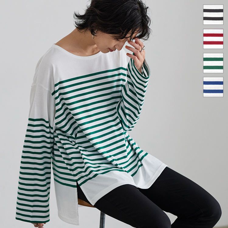 日本 Kobe Lettuce - 美型落肩橫條紋長袖上衣-綠x白