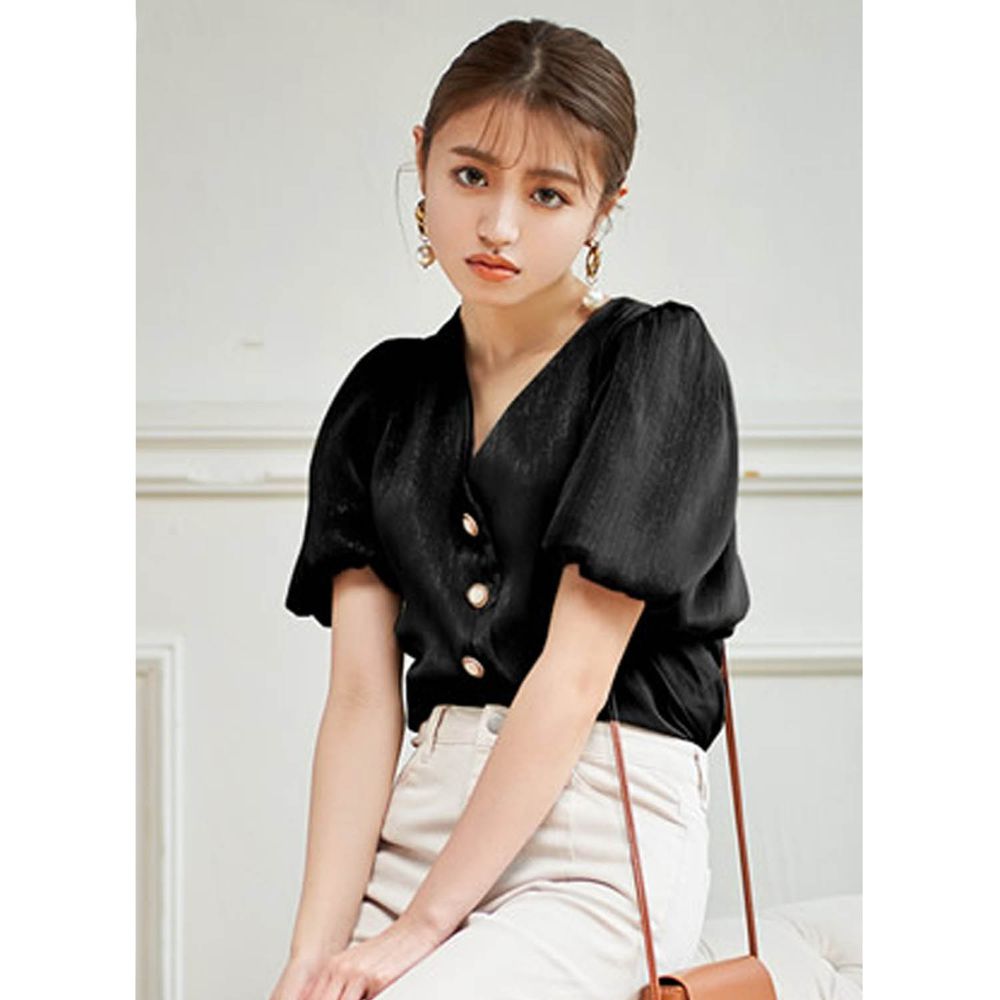 日本 GRL - 古典奢華亮面V領排釦短袖上衣-時尚黑