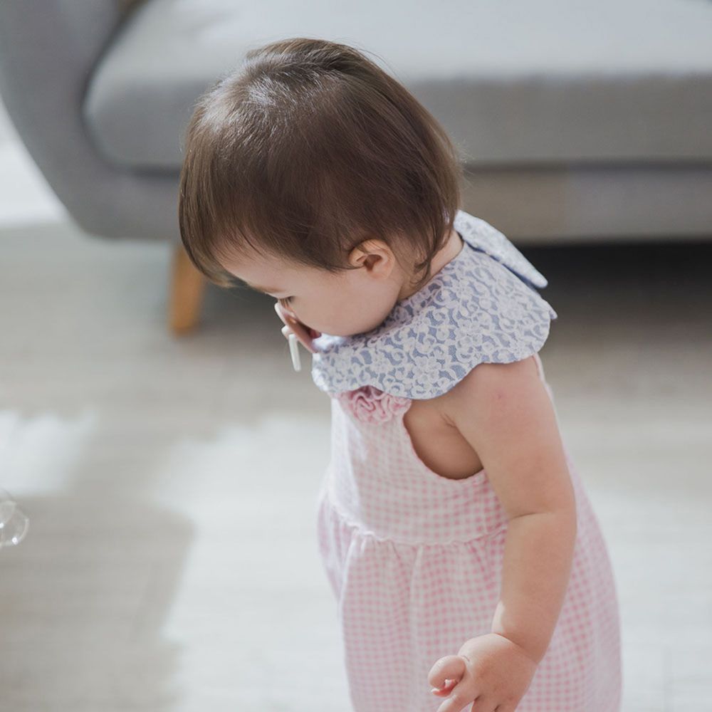 la petite Citron - 花朵造型蕾絲二重紗 雙面手工圍兜兜-點點海軍藍 (Ｆ)-客製化英文名限8字或中文3字內