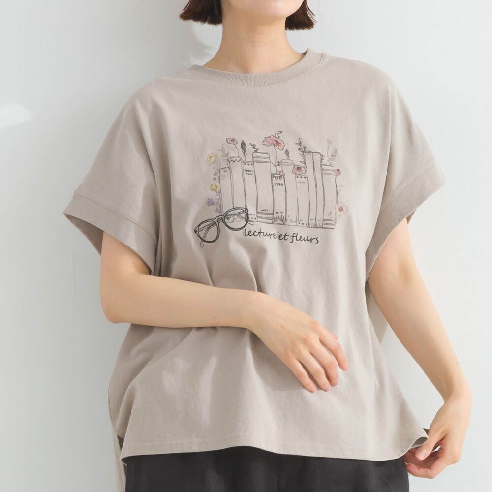 純棉知性印花法式袖T恤-灰棕