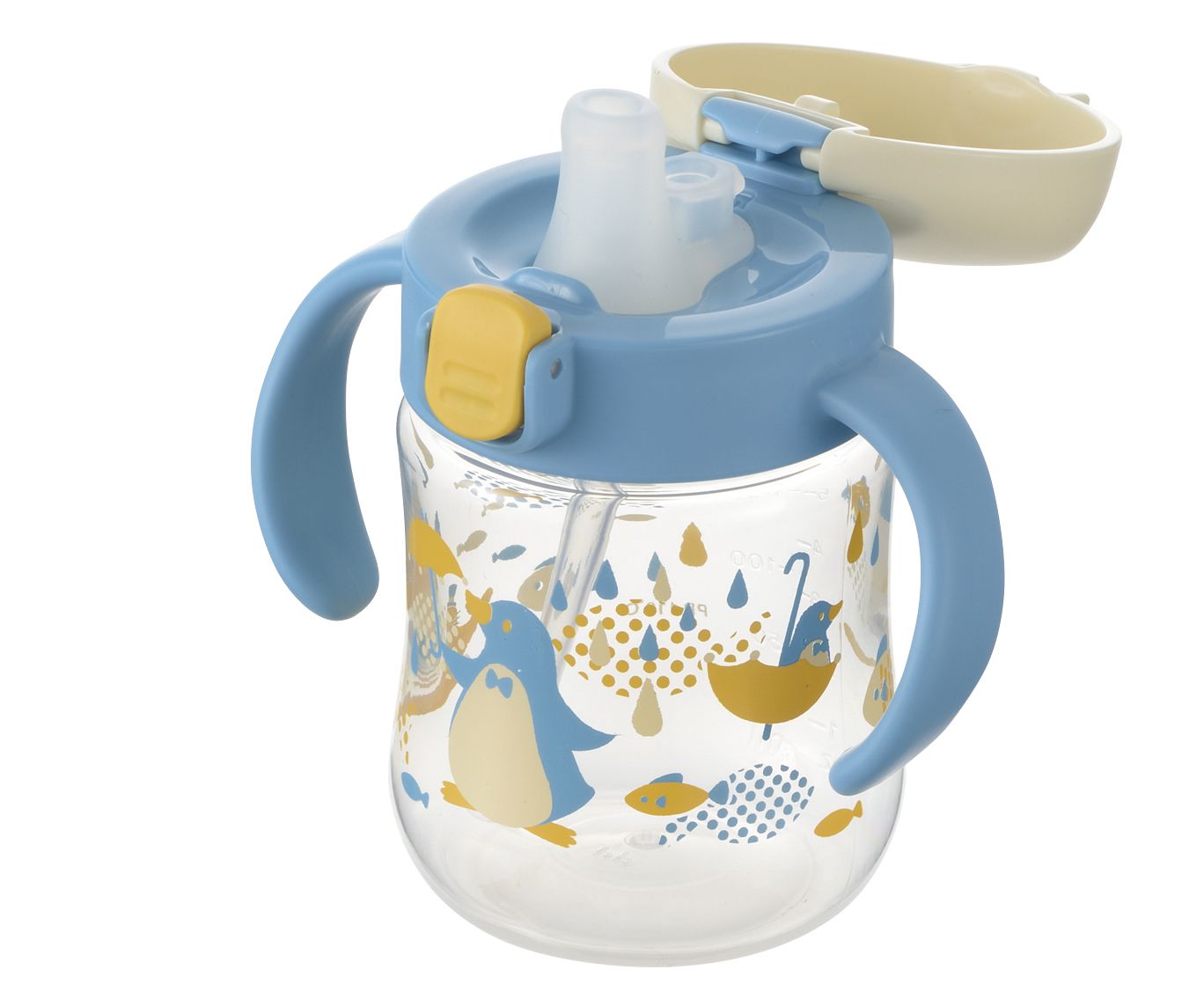 日本 Richell 利其爾 - 萌答答三階段水杯禮盒組-鴨嘴水杯、360度直飲上蓋(含墊圈)、吸管上蓋(含墊圈、吸管組/1組)-藍/黃