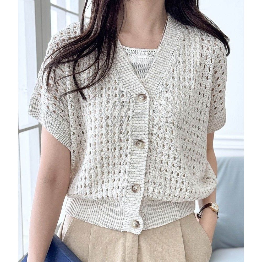 韓製 夏日棉麻洞洞V領短袖針織外套-燕麥米 (FREE)