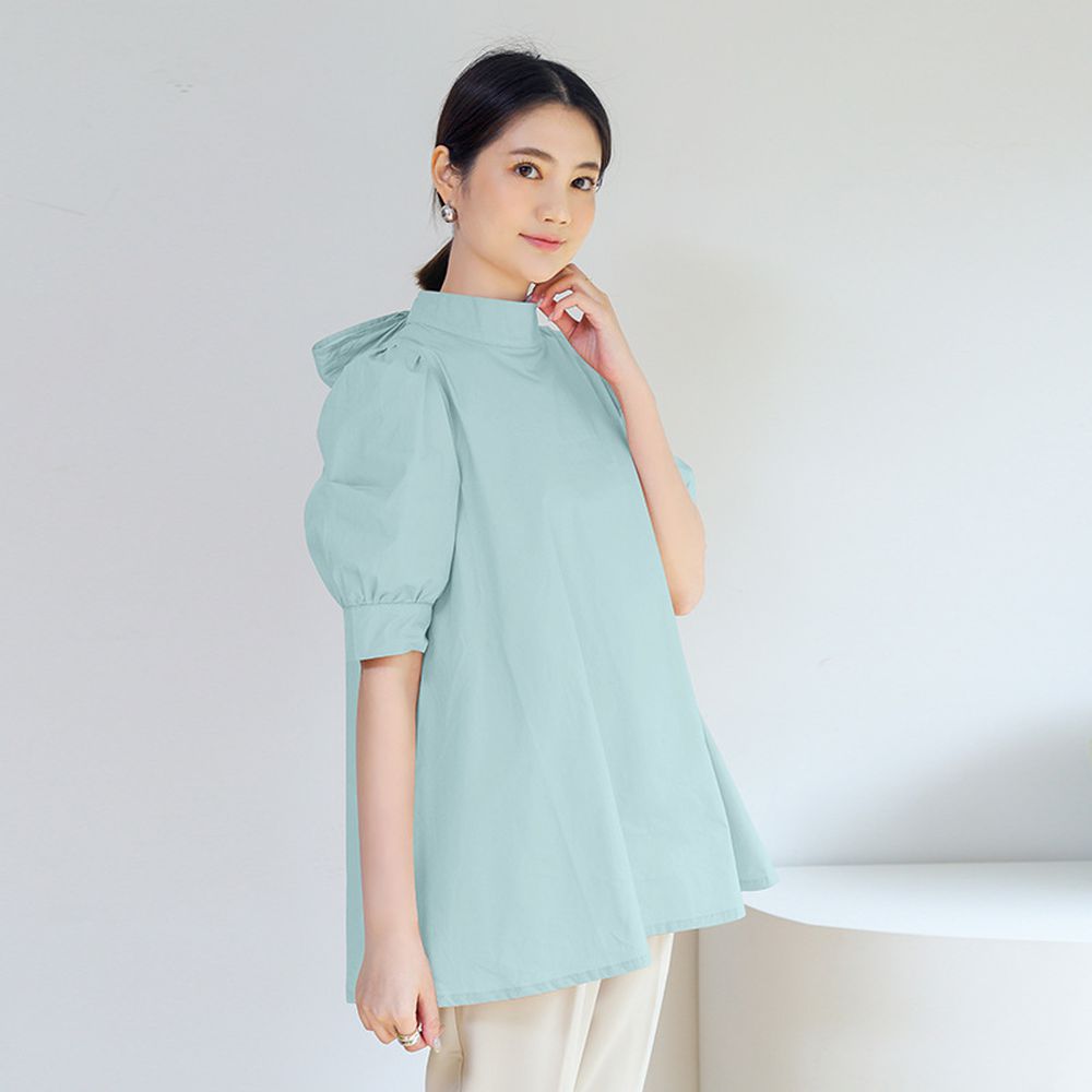 優雅小立領燈籠袖上衣-蝴蝶結-薄荷綠 (F)