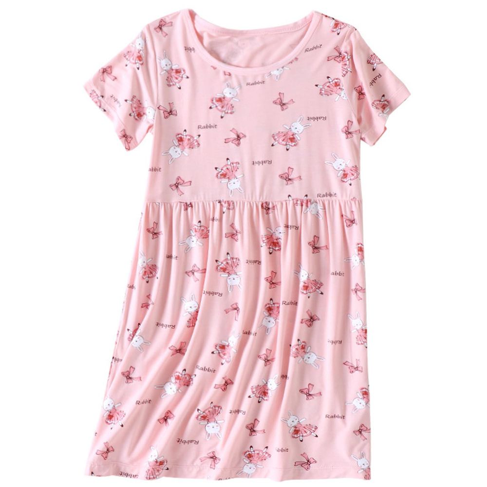 MAMDADKIDS - 短袖連身睡裙/家居服-滿版洋裝小兔-粉色