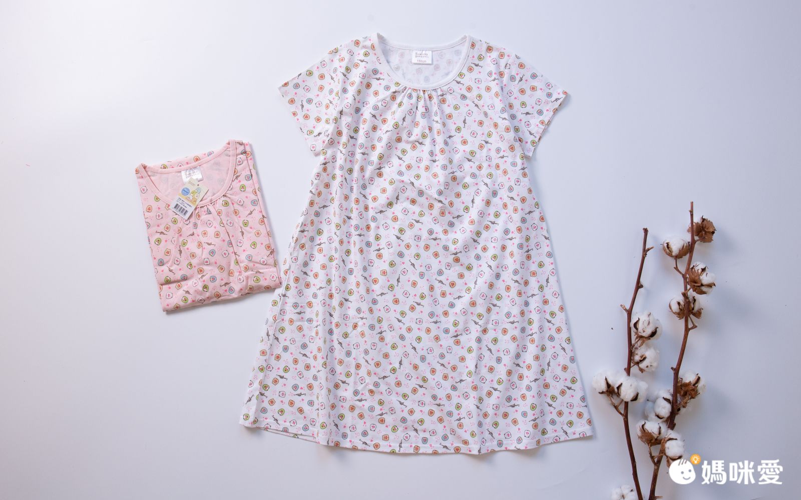 角落小夥伴 - 棉質碎花短袖連身睡衣-角落生物碎花皺褶領滿版-粉
