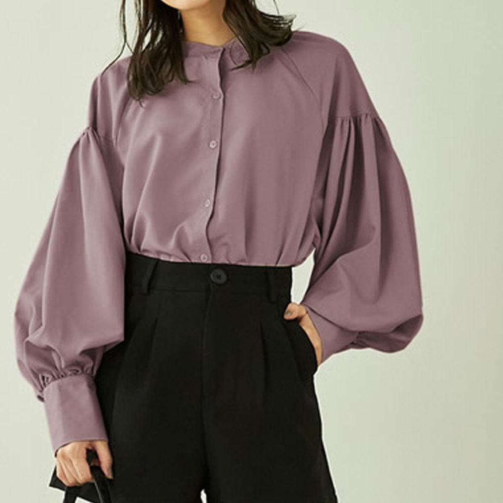 日本 GRL - 落肩顯瘦大澎袖束口長袖襯衫-紫