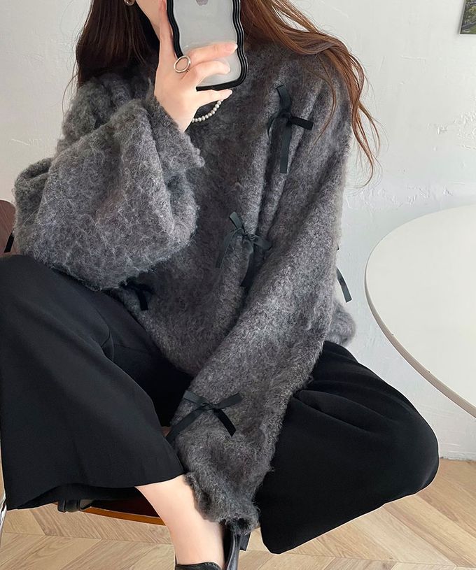 日本 Classical Elf - 甜美滿點 毛海蝴蝶結浪漫毛衣-深灰