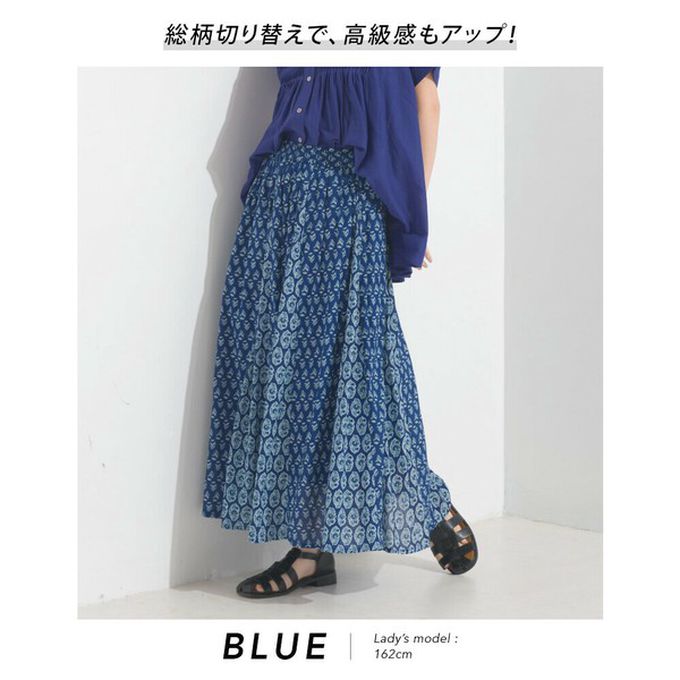 日本 OMNES - 100%印度棉 奢華印花飄逸感長裙-寶藍