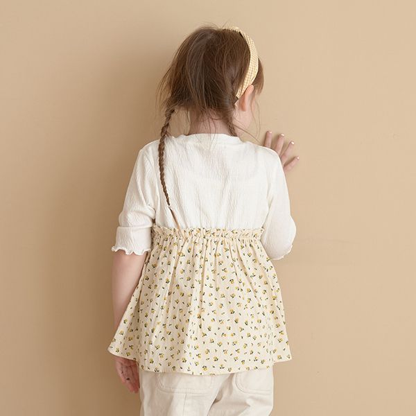 日本 Lycee mine - 假二件吊帶五分捲邊袖上衣-灰x藍花