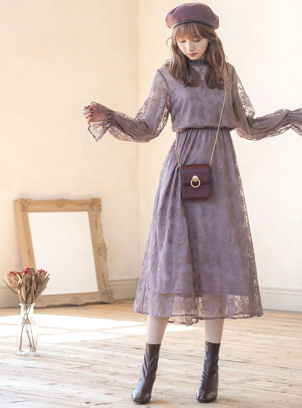 日本 GRL - 浪漫之吻花蕾絲洋裝-摩卡紫