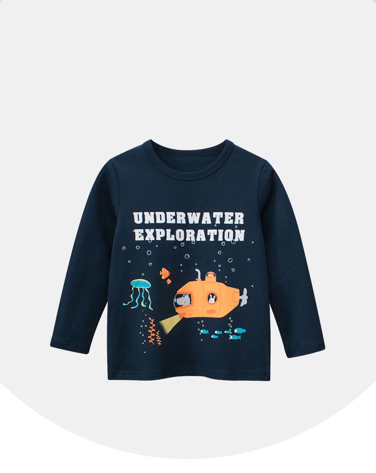 純棉圓領薄長袖上衣-深海探險-深藍色