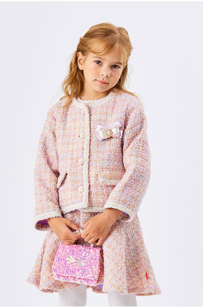 韓國 OZKIZ - 小香風珠扣無領編織外套-粉紫