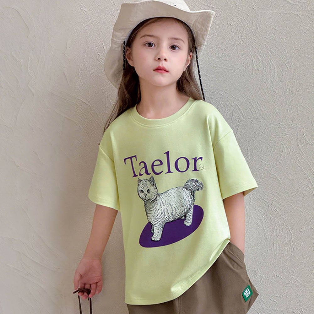 涼感圓領落肩短袖上衣/T恤-童趣卡通-黃綠色